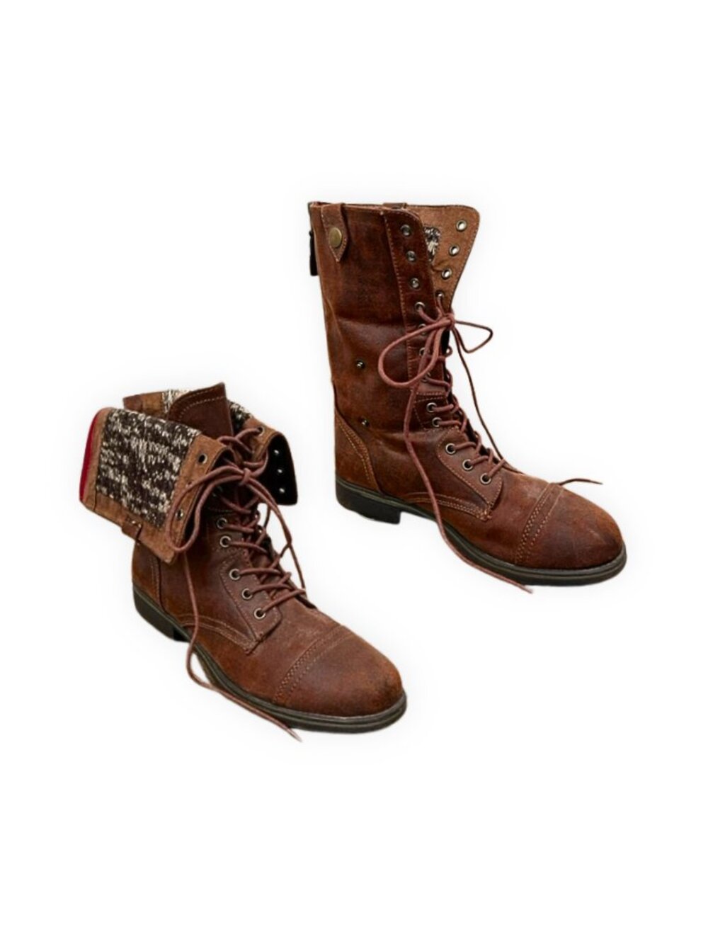 Falls Creek "Nikita" Brown Sweater-Knit Women's Combat Boots Red Zipper Size 10